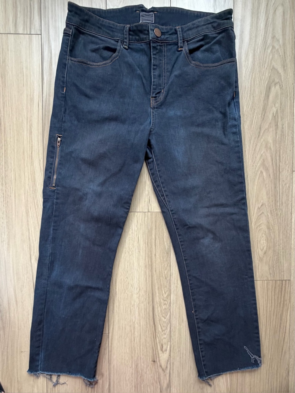 Ripton & Co Womens Dark Wash Raw Hem Straight-Leg Jeans Side Zip Pocket Sz 31